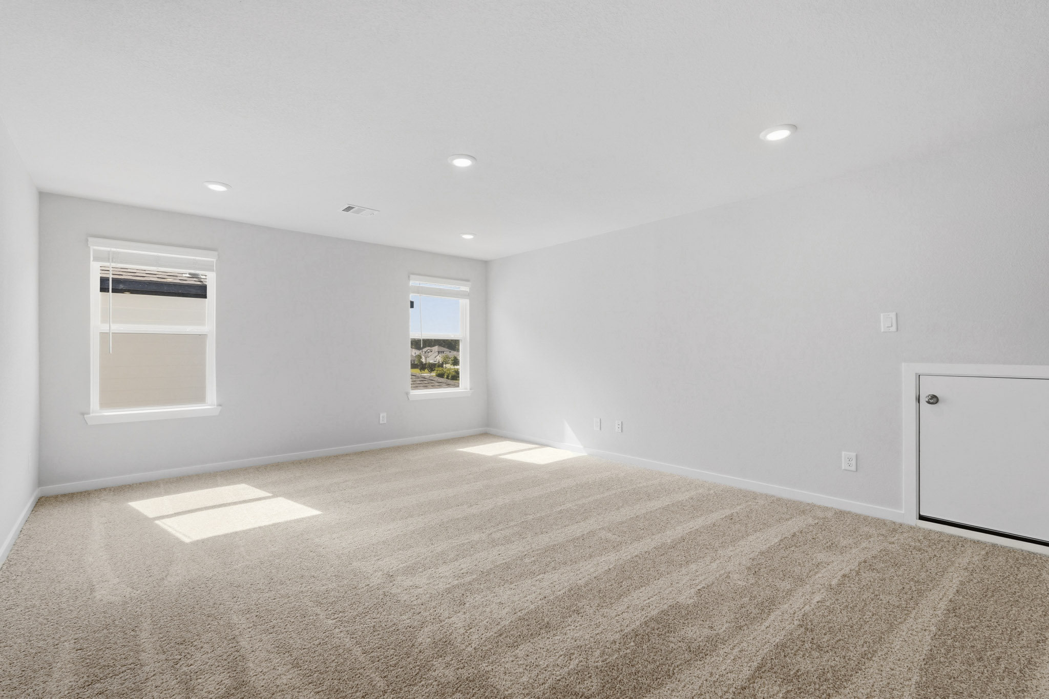 A room with a carpet and windows.