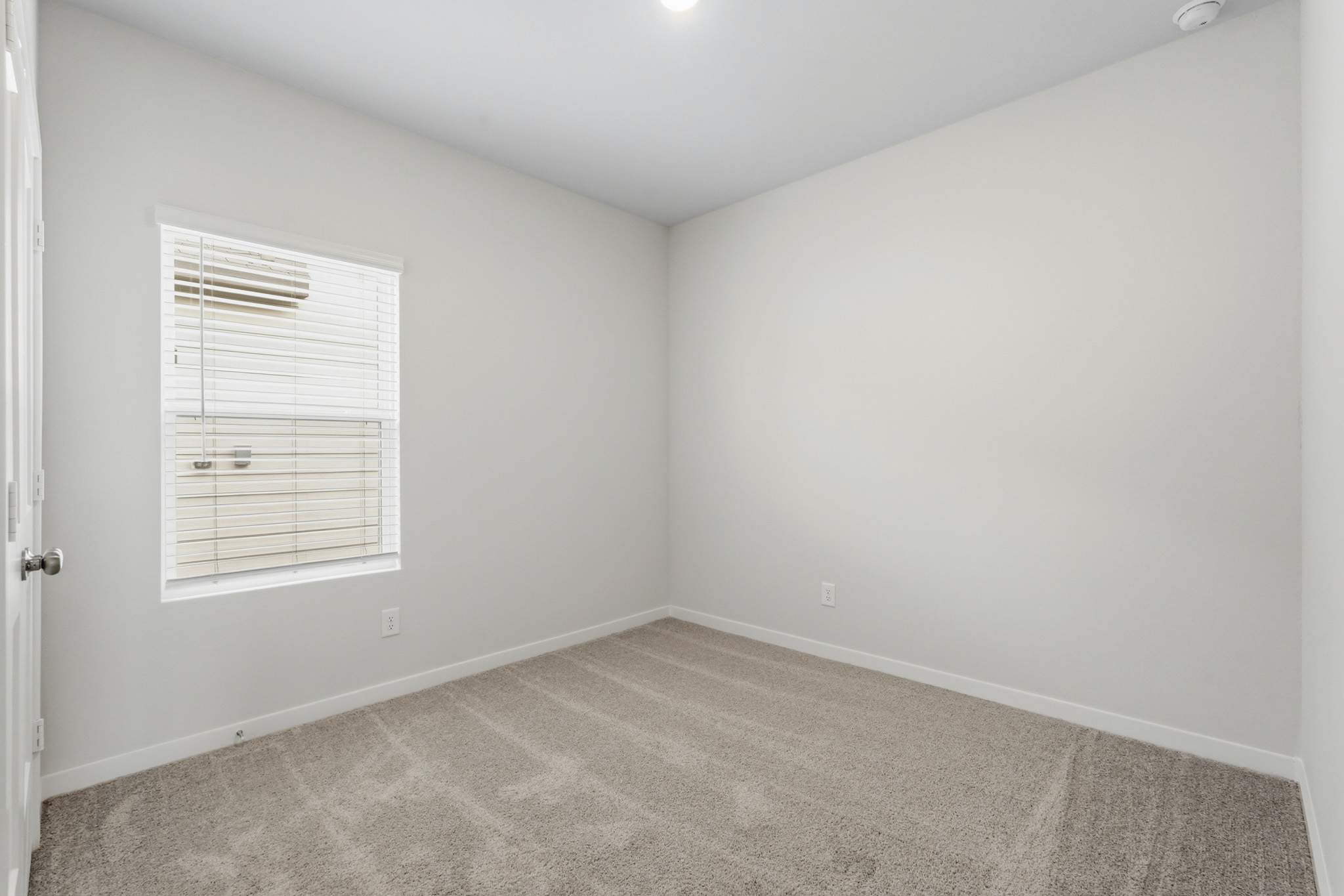 A room with a carpet and a door.