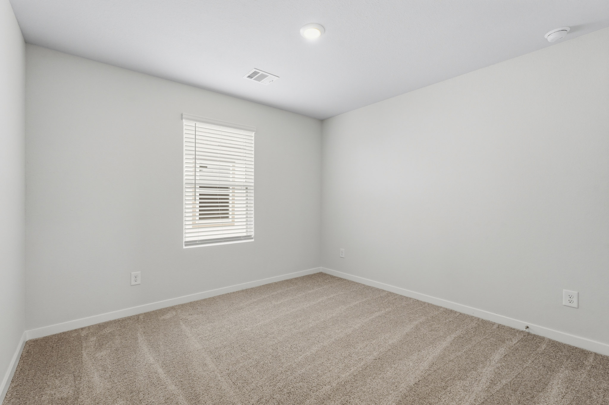 A room with a carpet and a window.