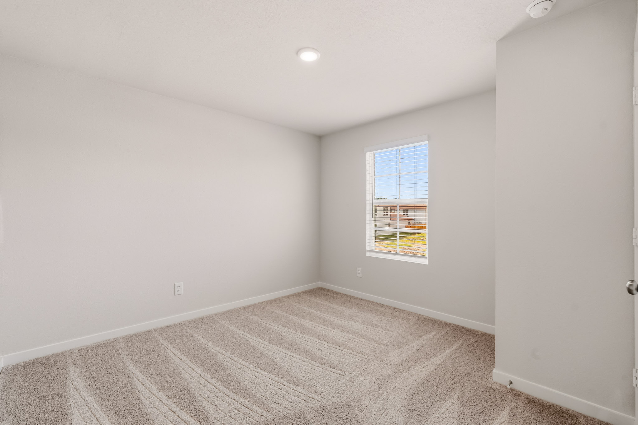 A room with a window and a rug.