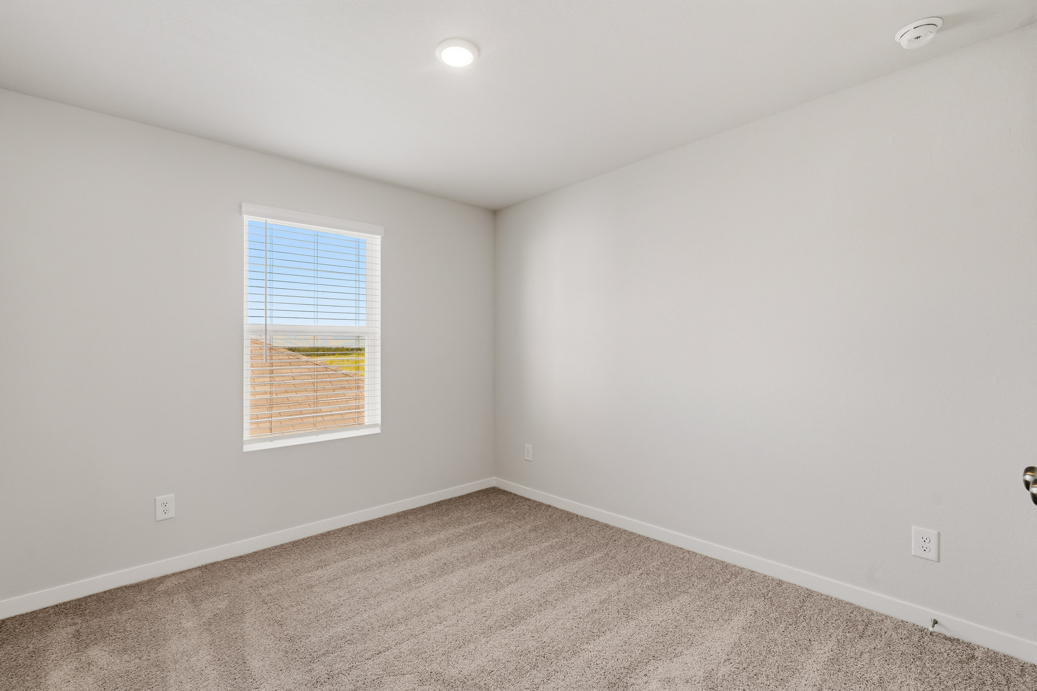 A room with a window and a carpet.