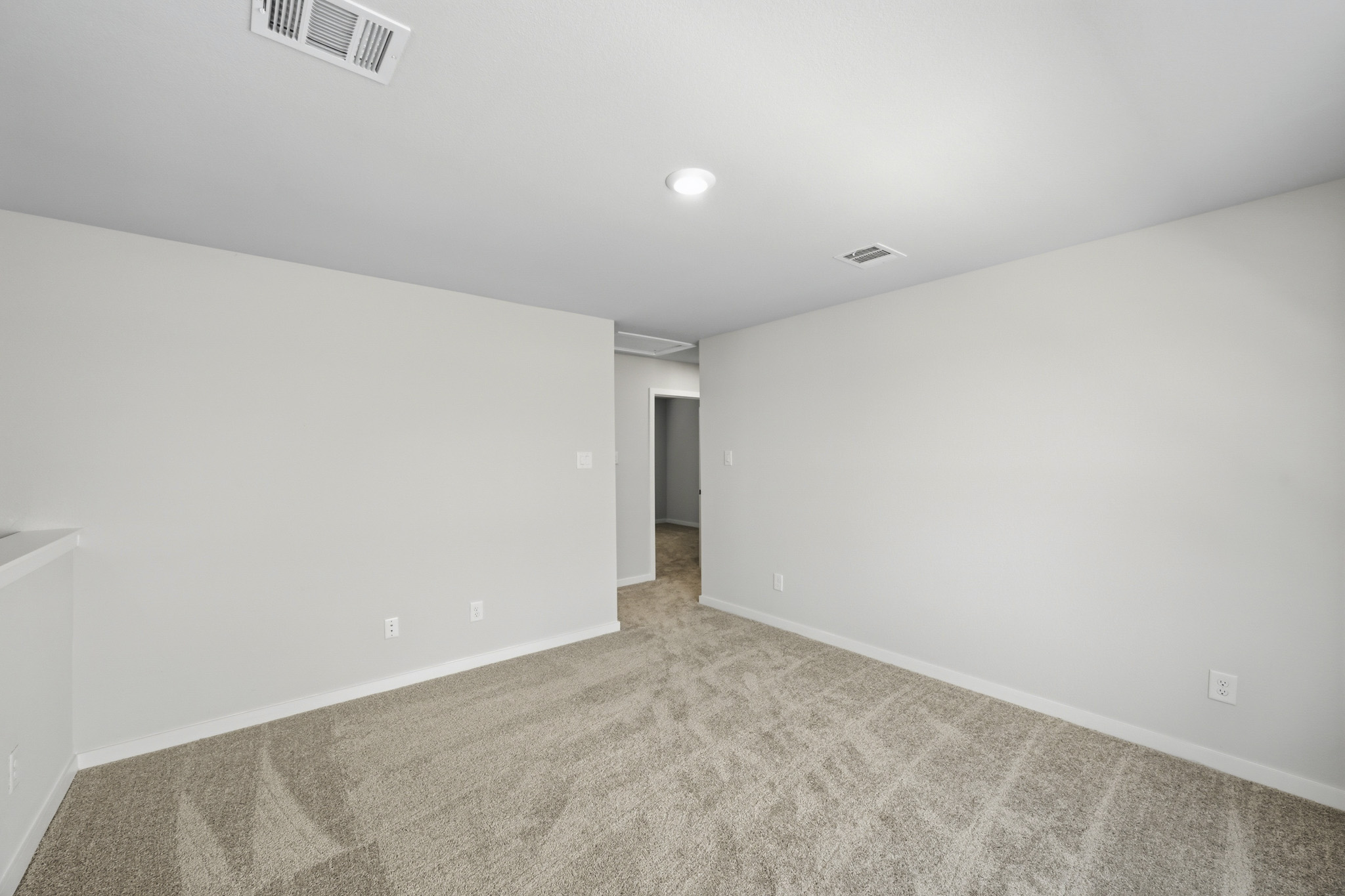 A room with a carpet and a door.