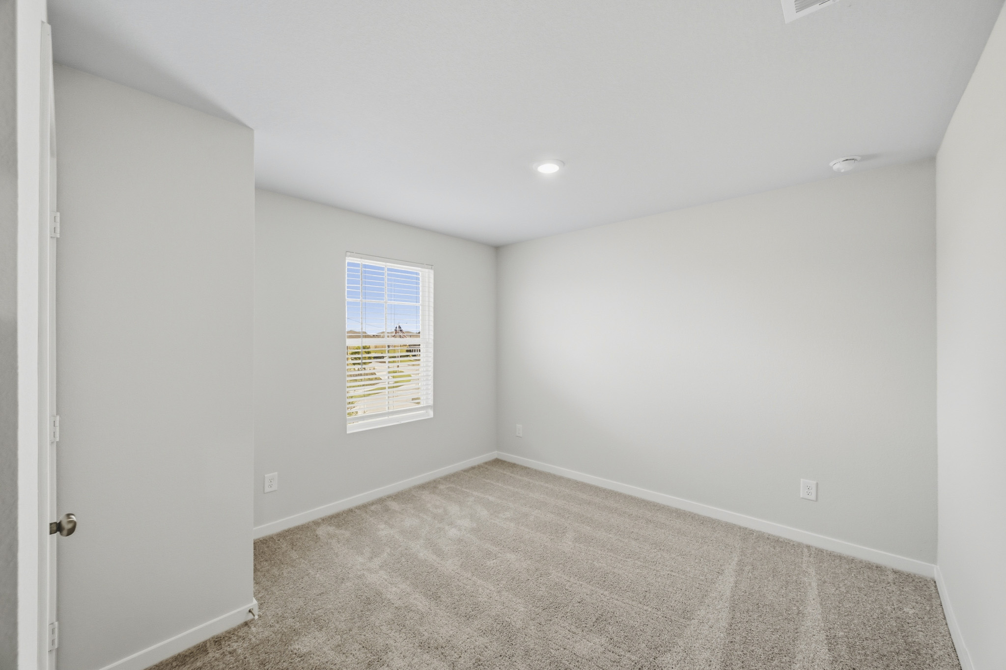 A room with a carpet and a door.