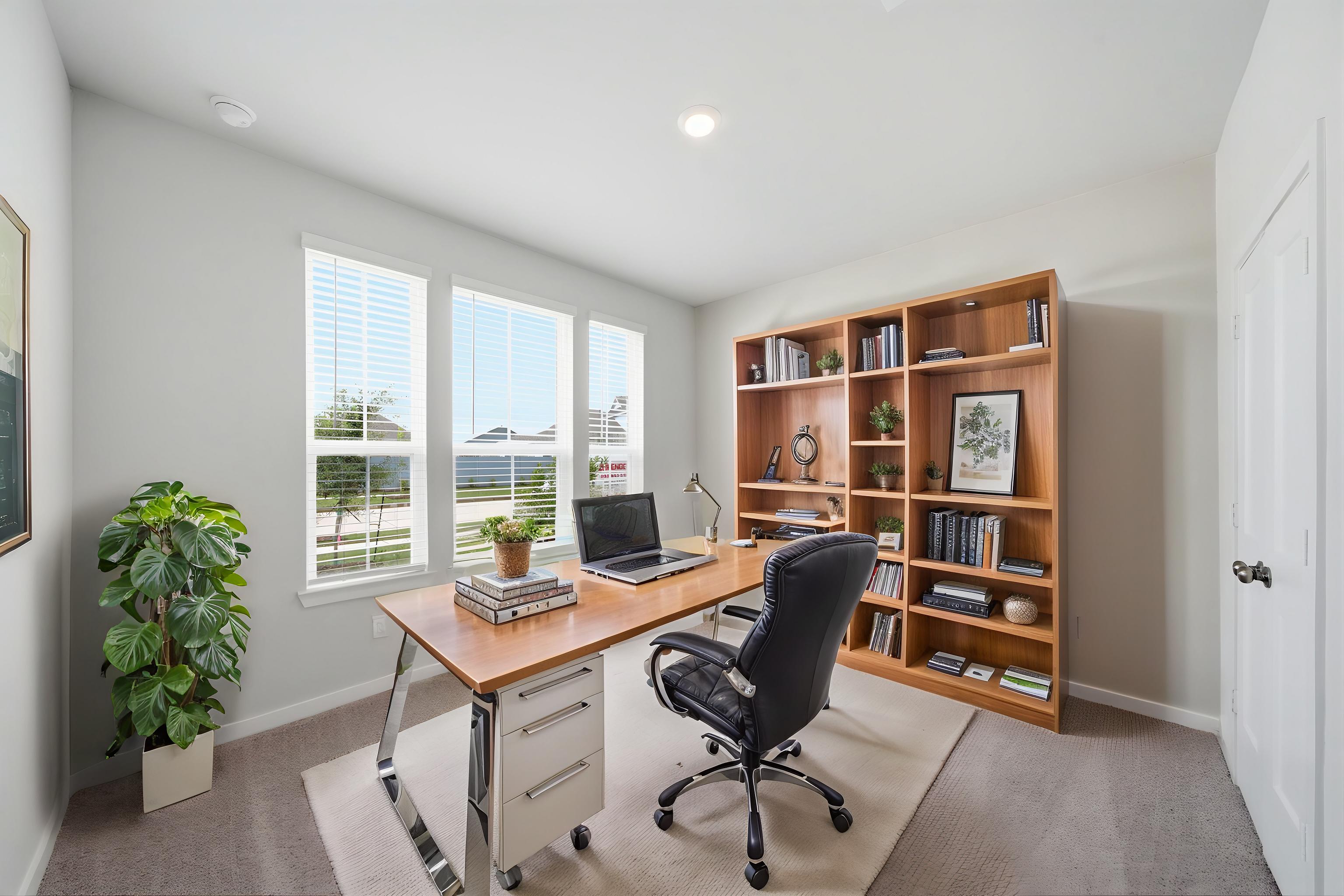 A room with a desk and a chair.