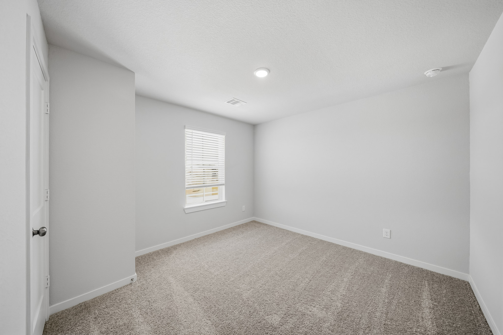 A room with a carpet and a door.