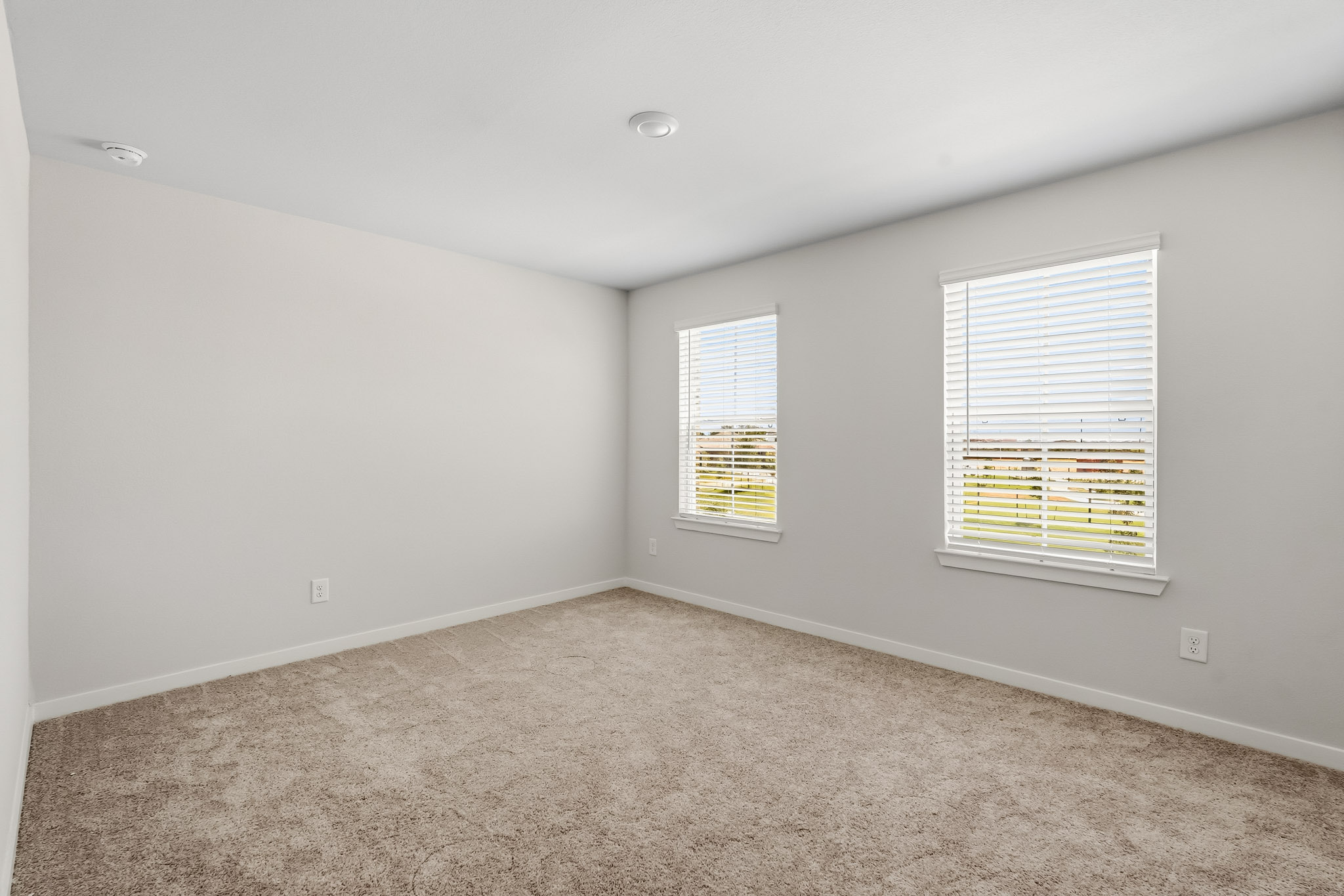 A room with a carpet and windows.