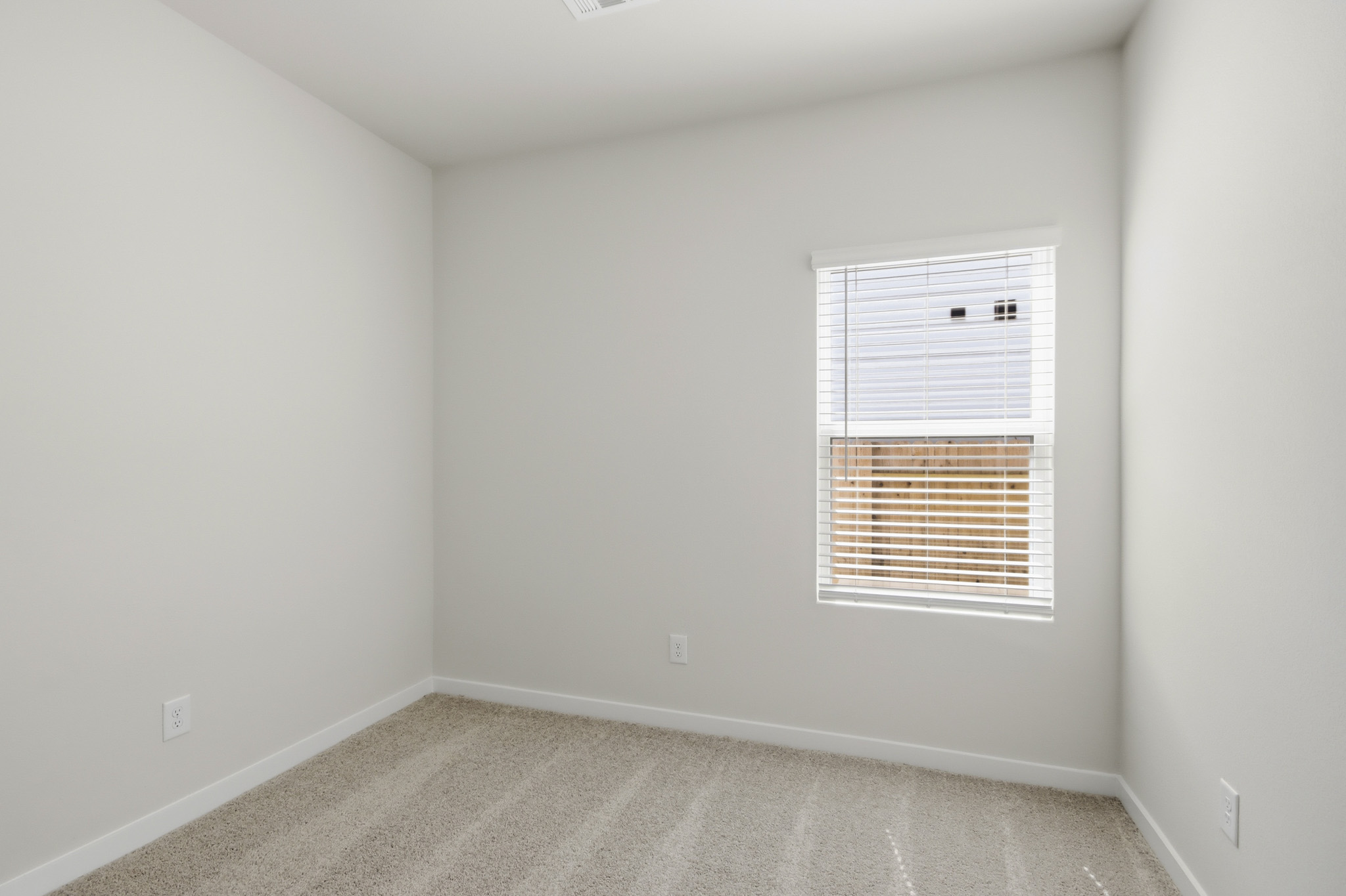 A room with a window and a rug.