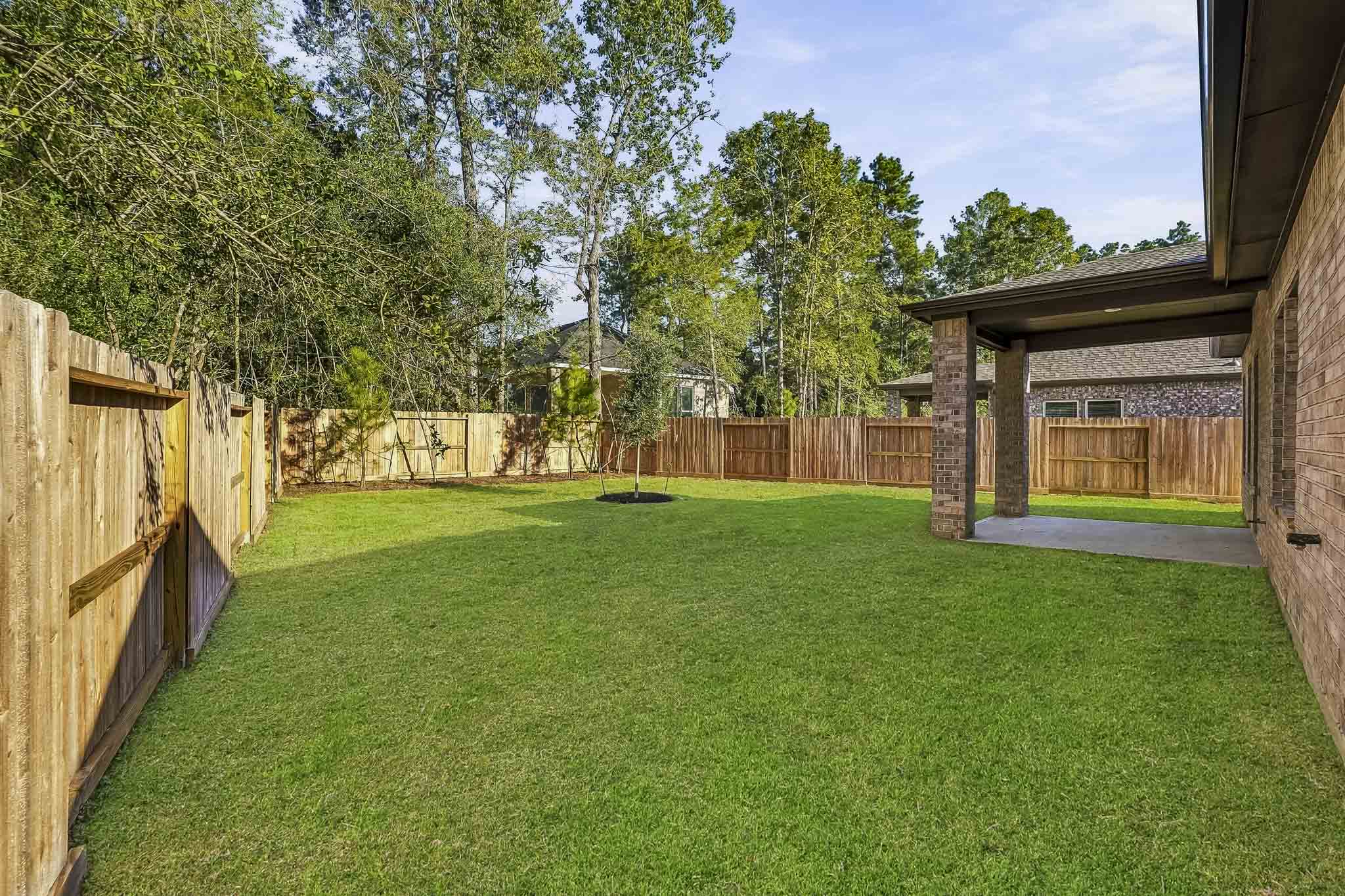 A backyard with a fence and trees.