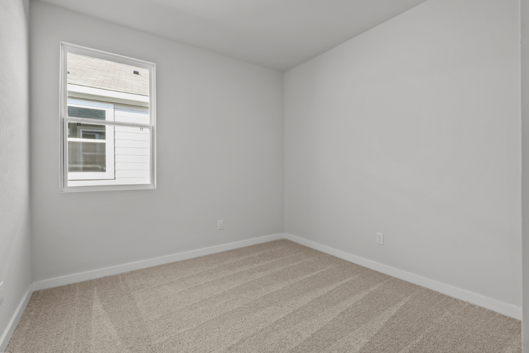 A room with a window and a rug.