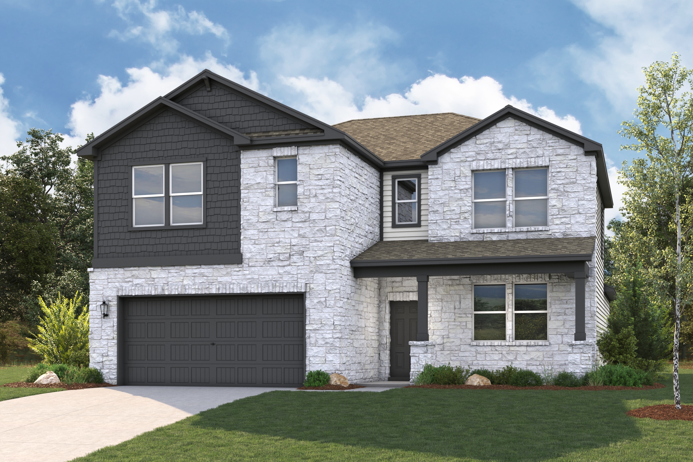 A grey house with a garage.