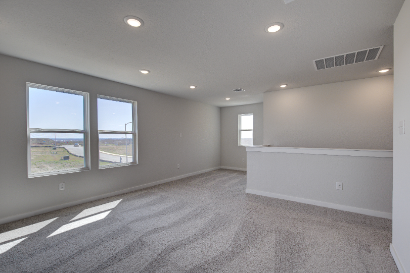 A room with windows and a white wall.