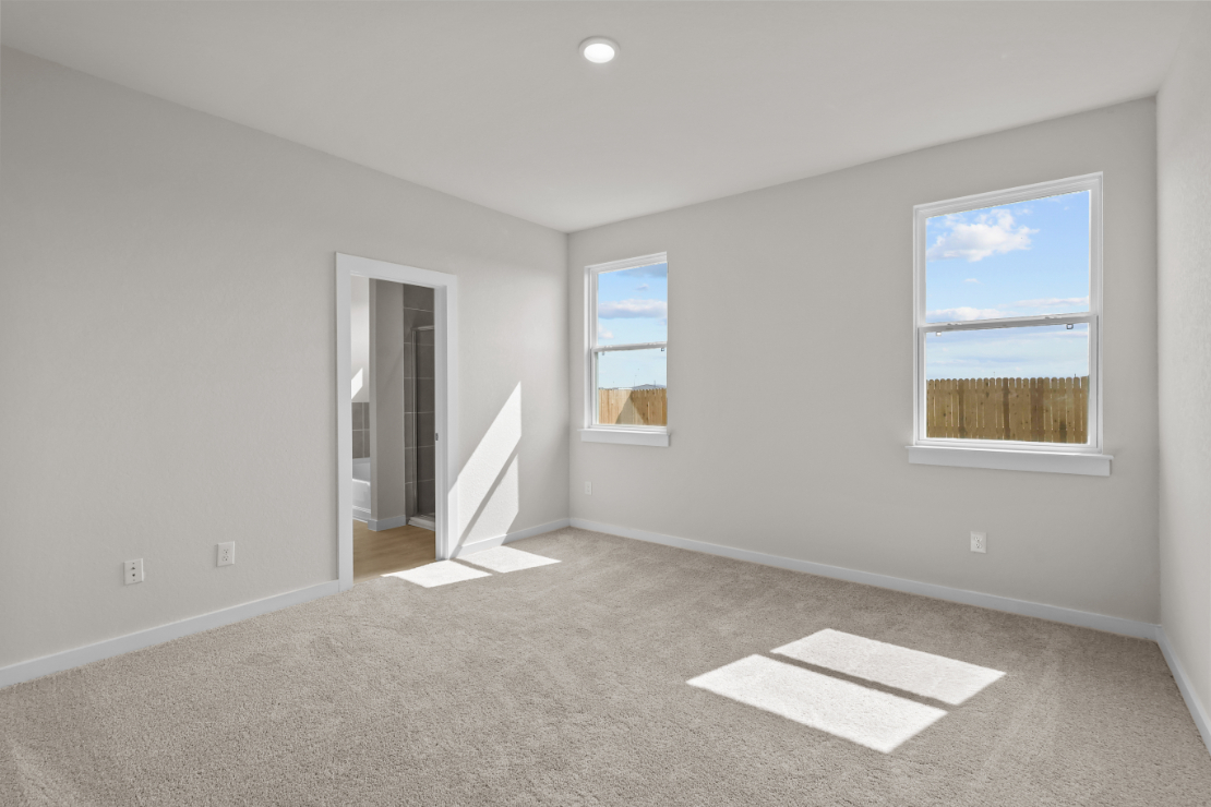 A room with a carpet and windows.