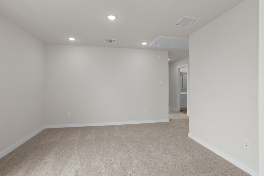 A room with a carpet and a door.