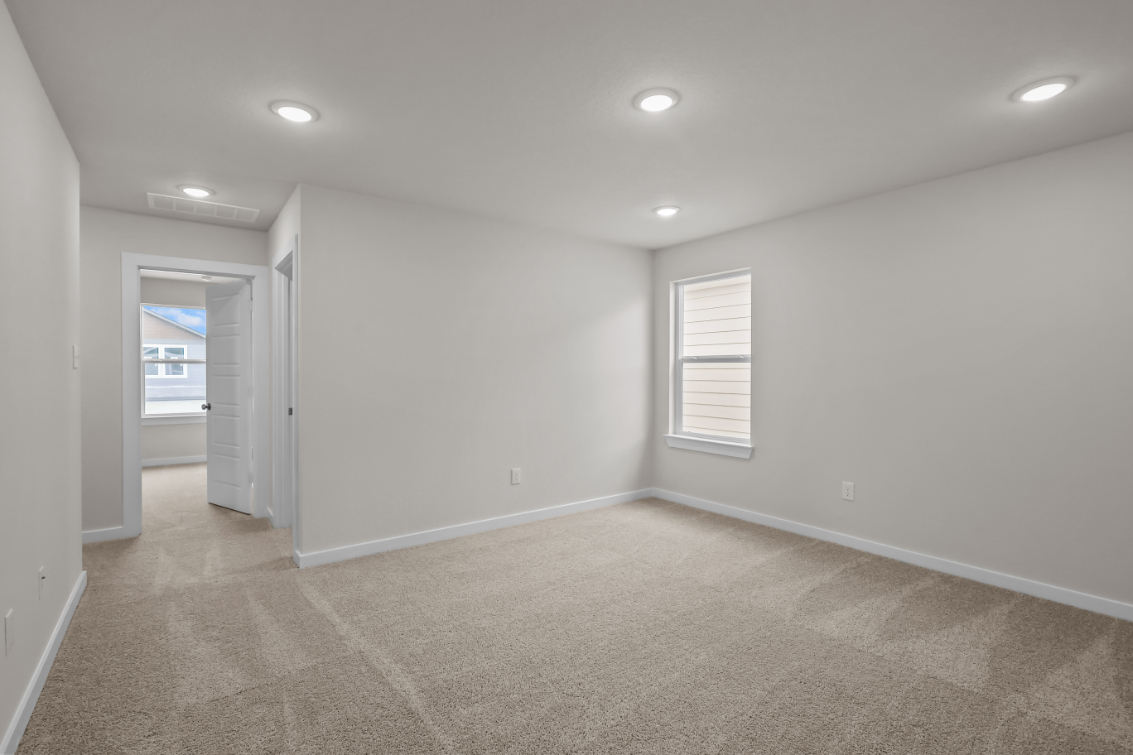 A room with a carpet and a door.