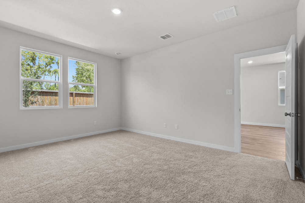 A room with a carpet and windows.