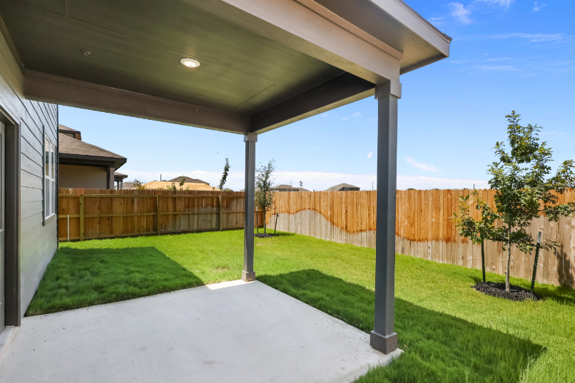 A backyard with a fence and a tree.