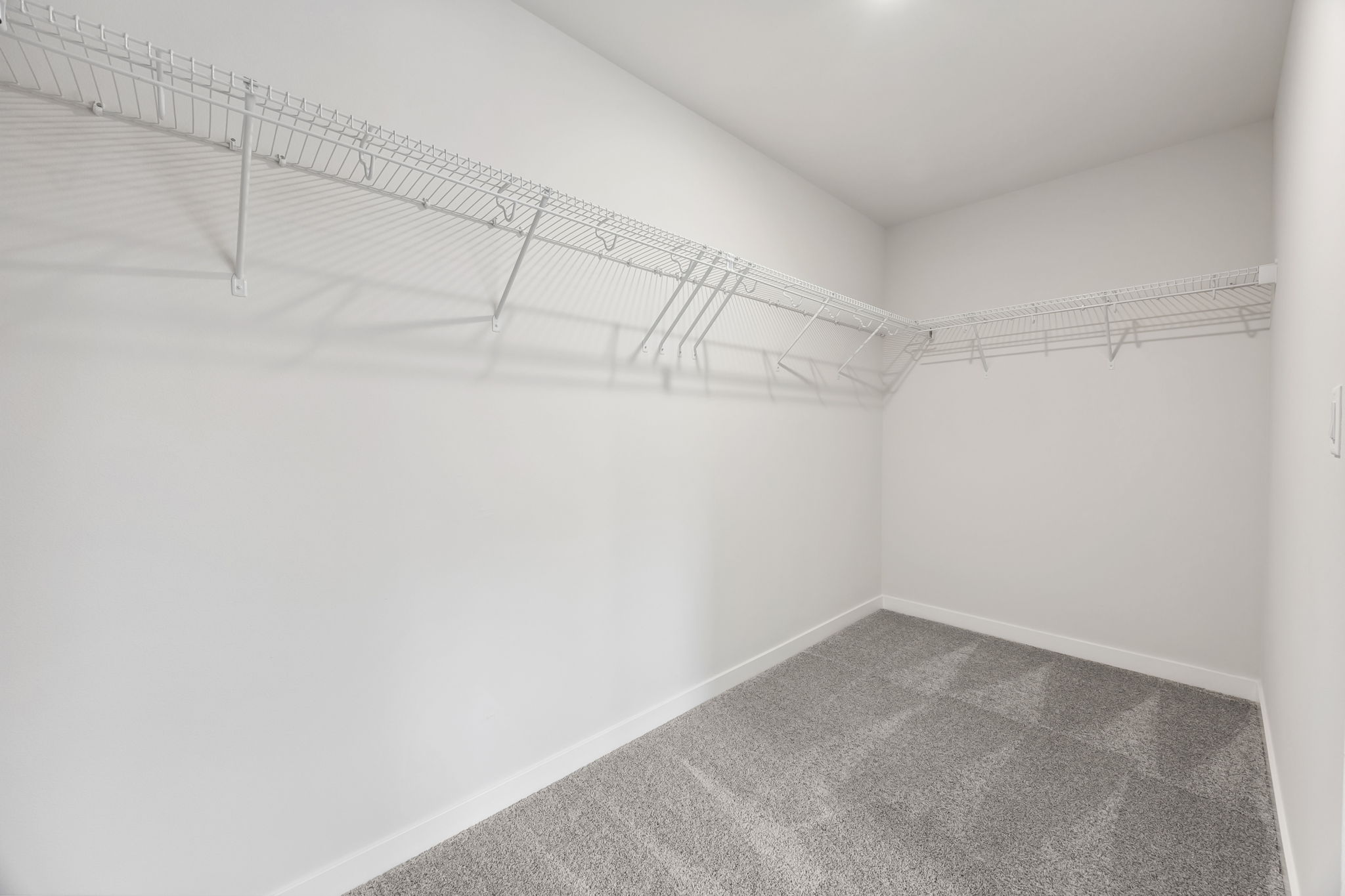 A white room with a grey carpet.