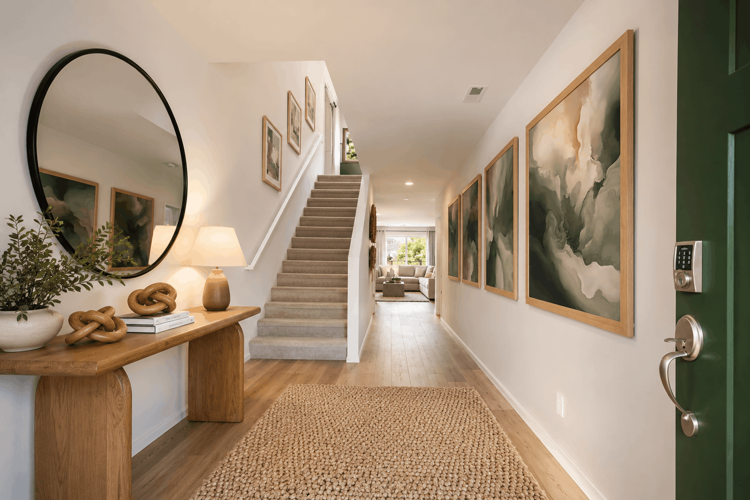 A room with a staircase and a desk with a mirror.