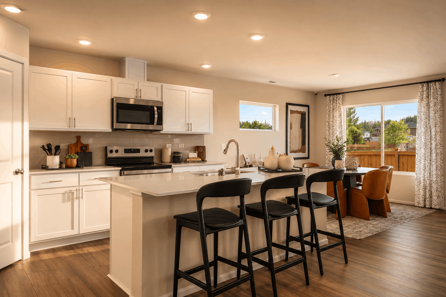 A kitchen with white cabinets.