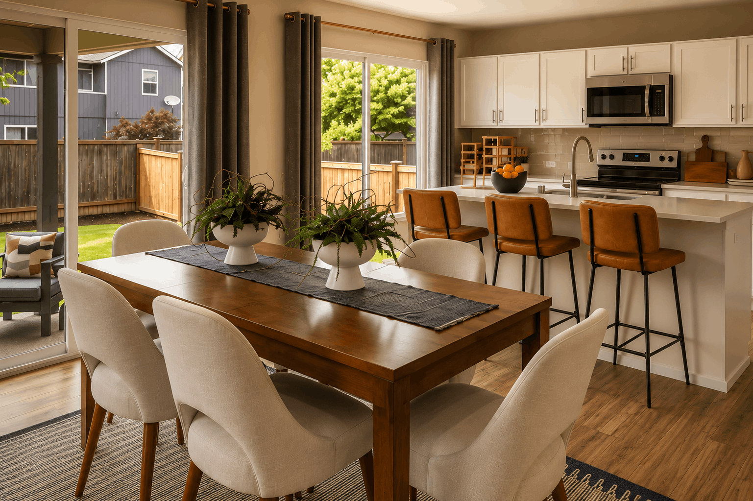 A kitchen with a dining table.