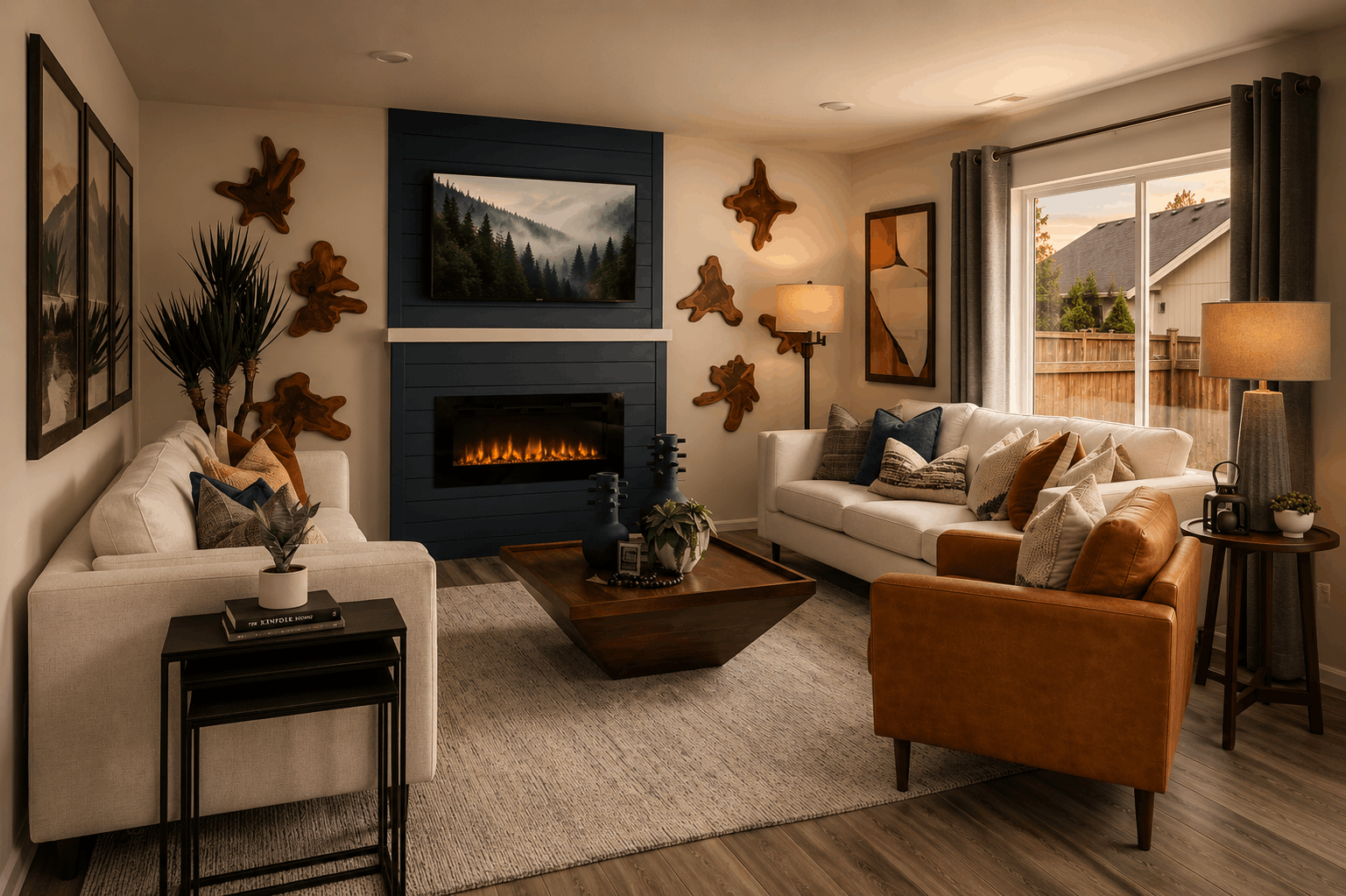 A living room with a fireplace.