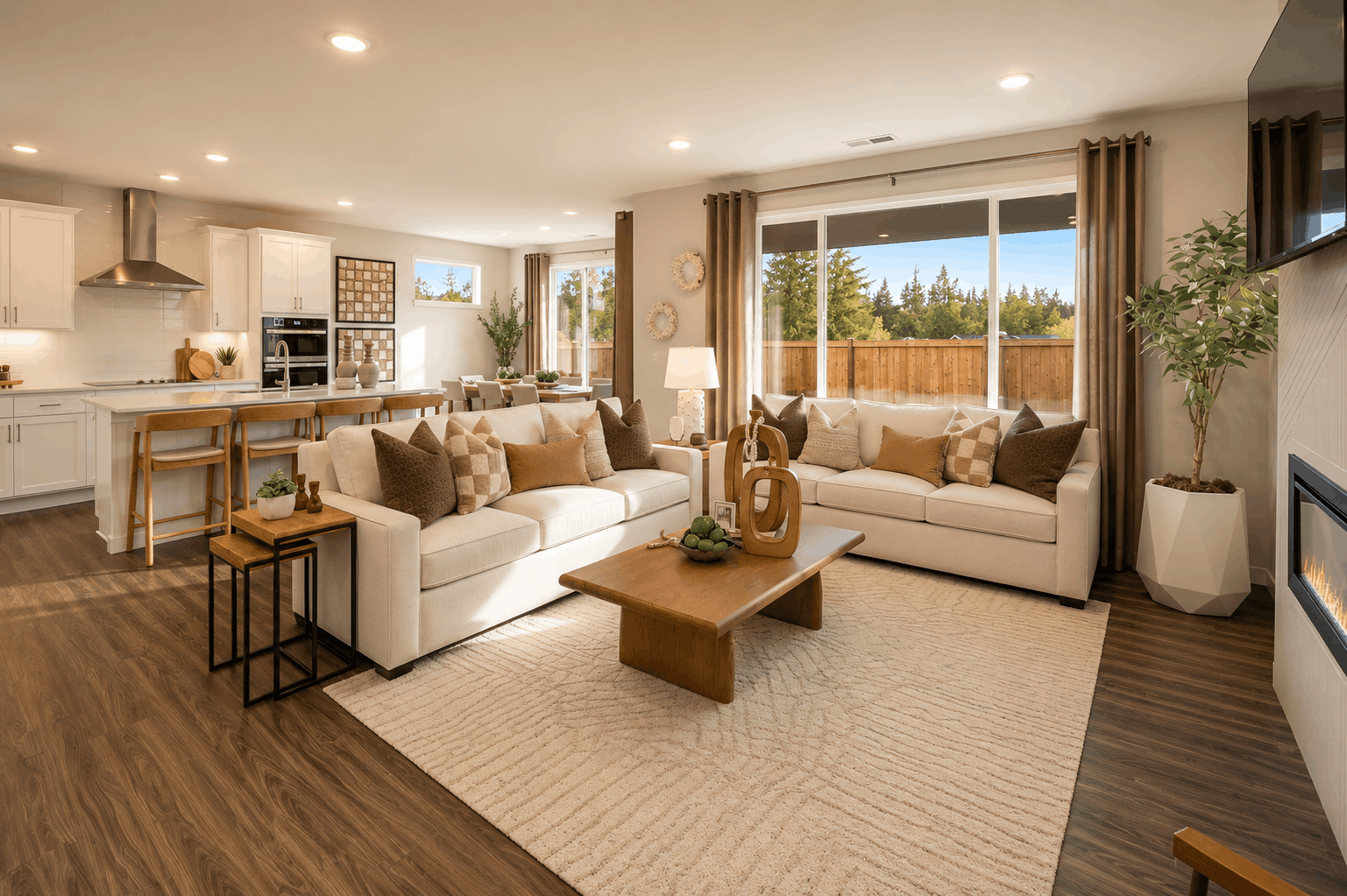 A living room with a large window.