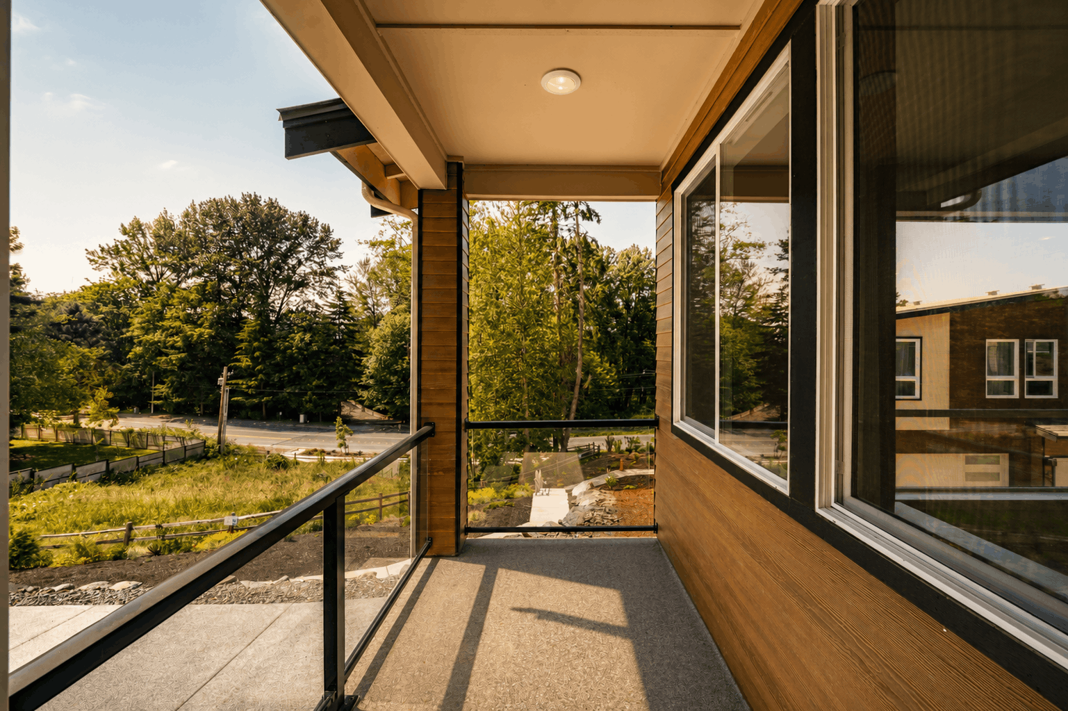 A view of a building through a window.