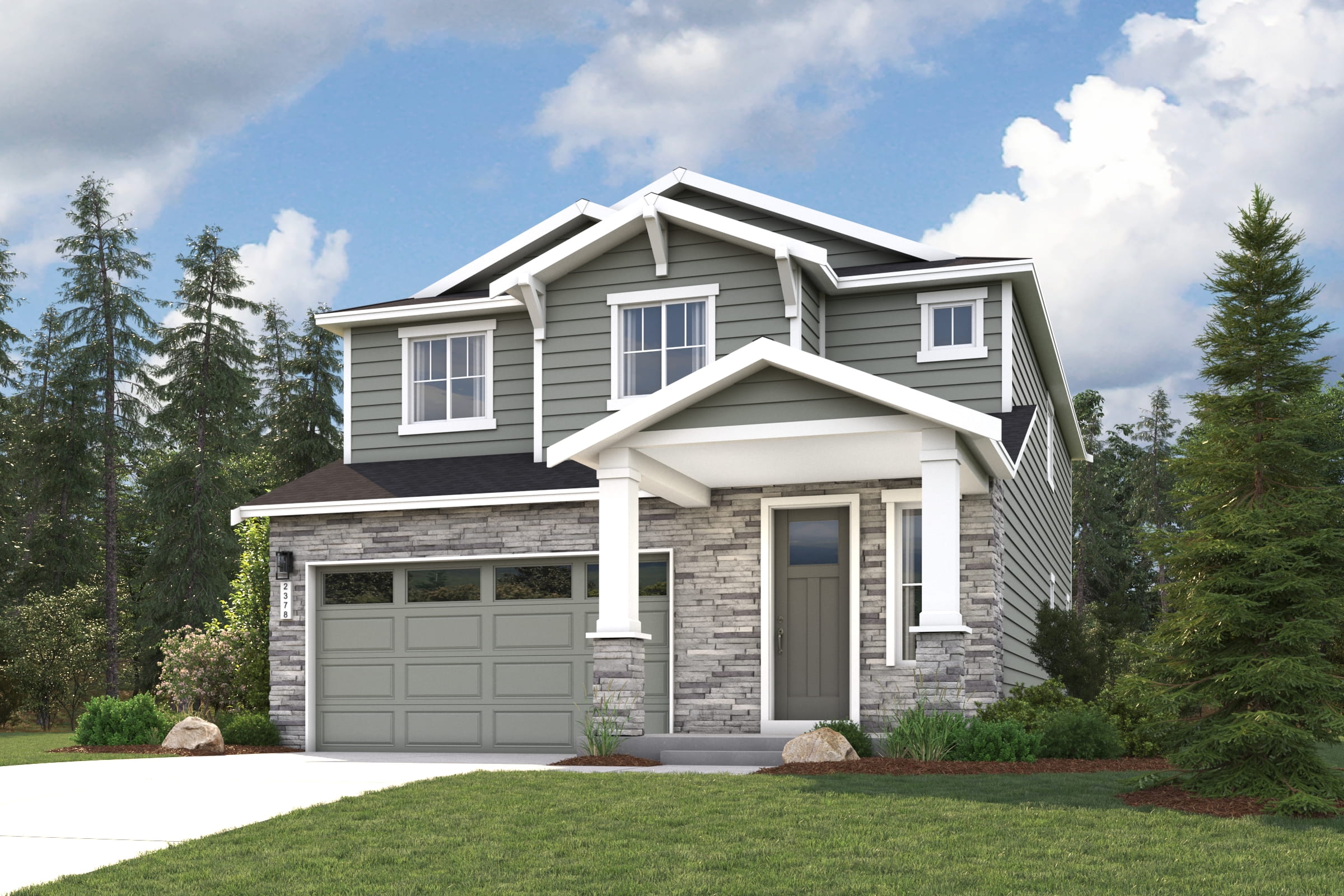 A house with a garage and trees in the back.