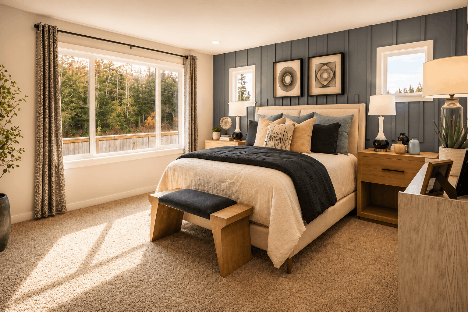 A bedroom with a bed and a bench.