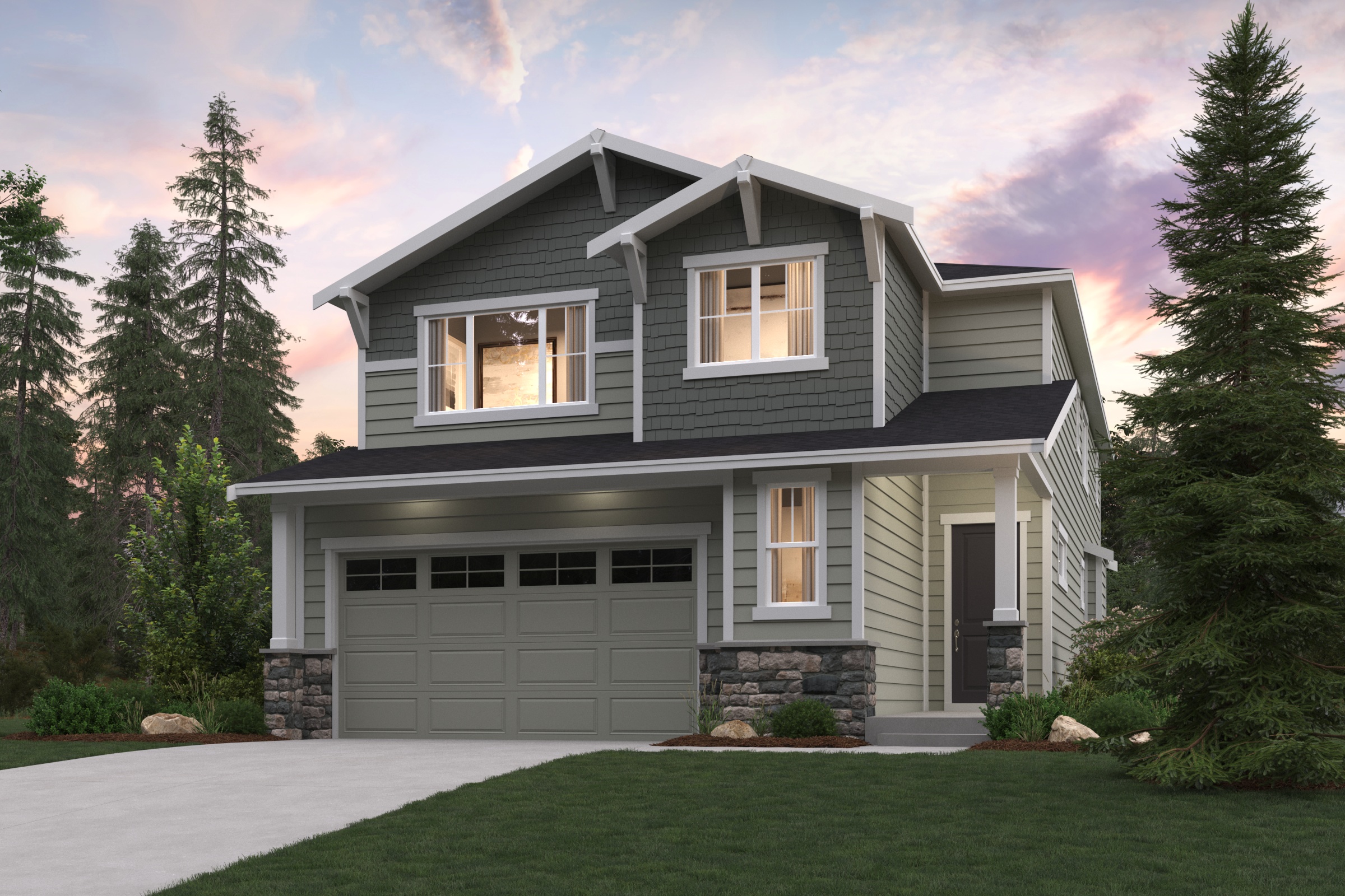 A house with a garage and trees around it.