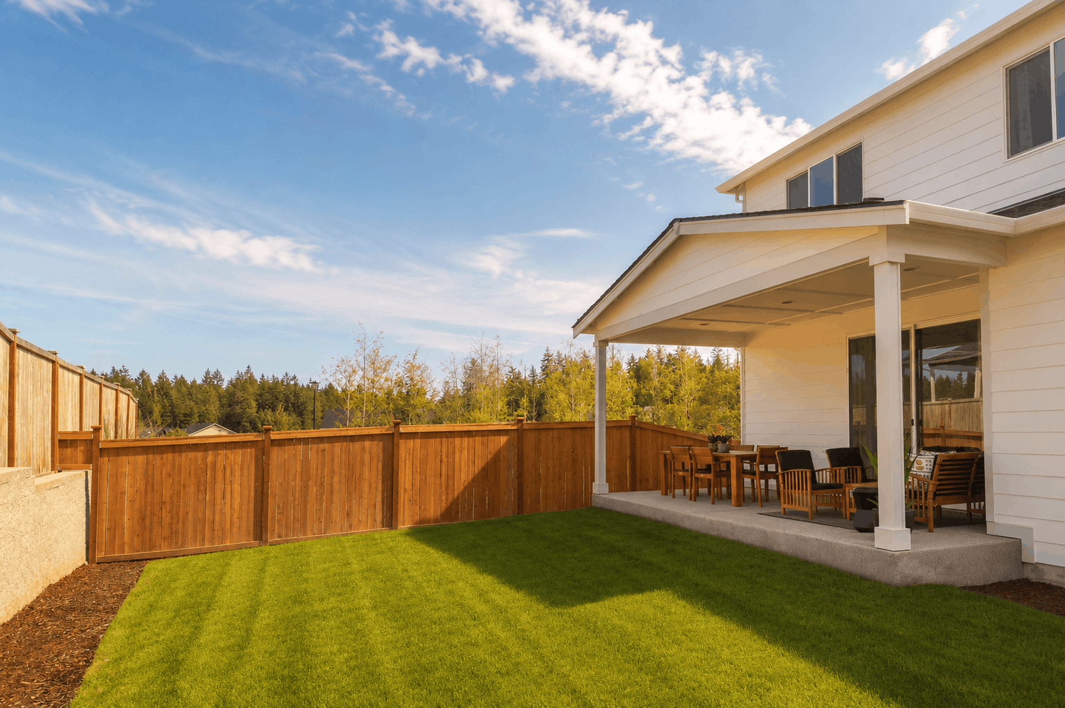 A backyard with a fence and a house.