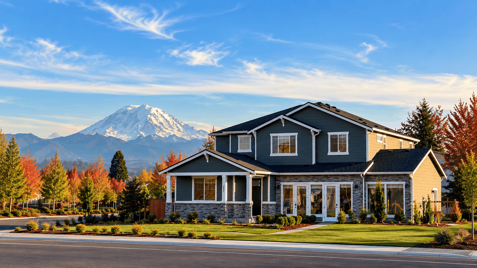 A house with a mountain in the background.
