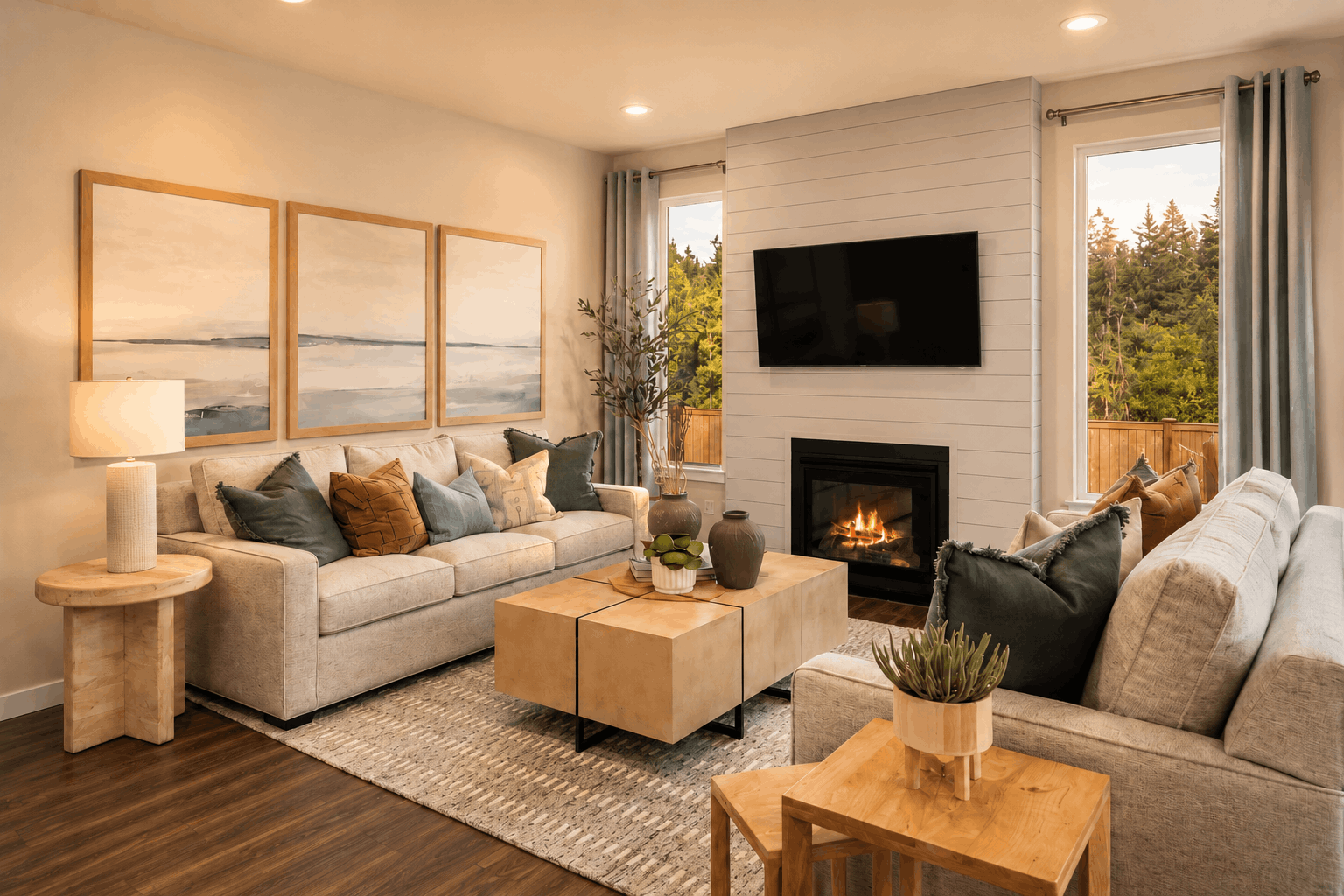 A living room with a fireplace.