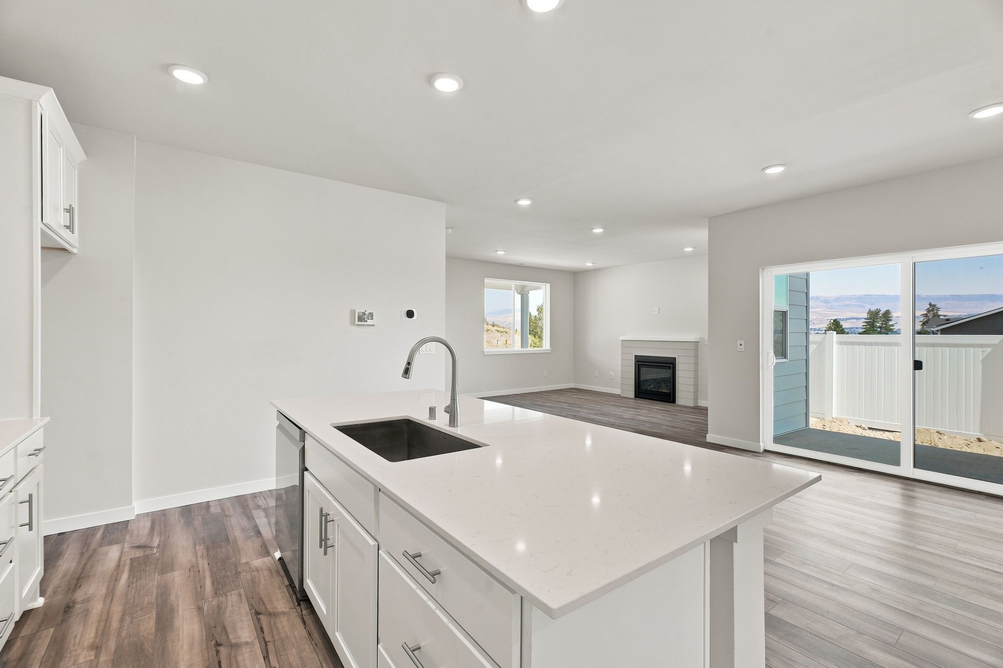 A kitchen with a large island.