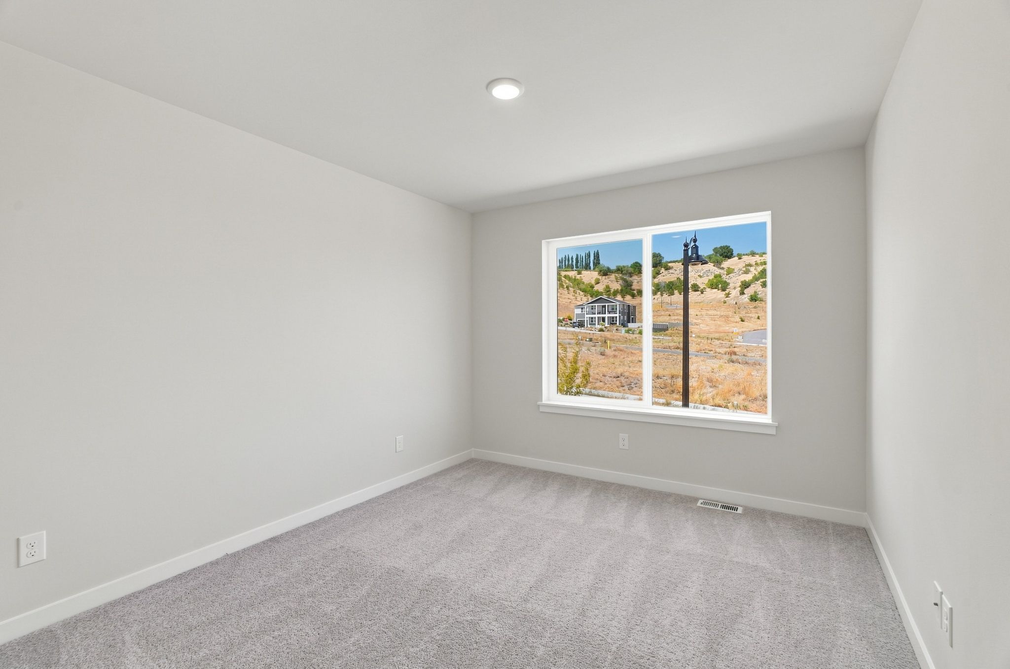 A room with a window and a tree outside.