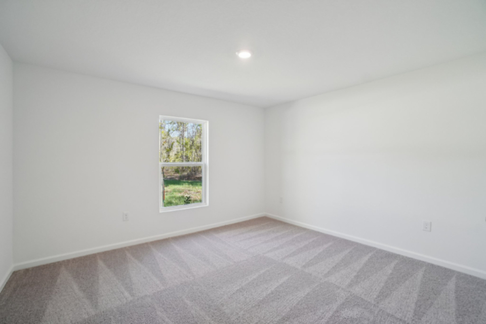 A room with a window and a rug.