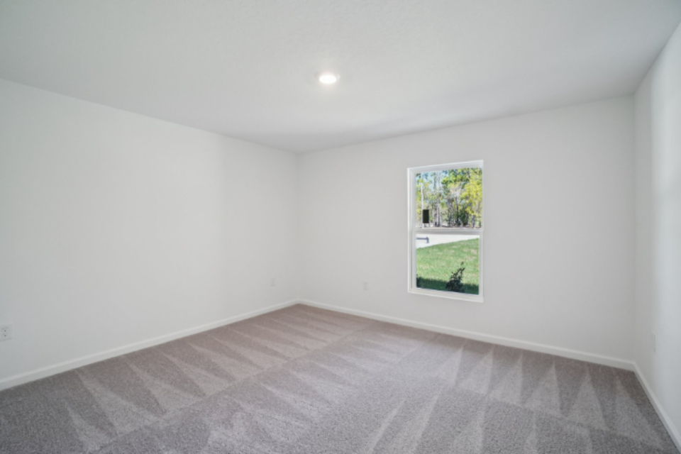 A room with a window and a rug.