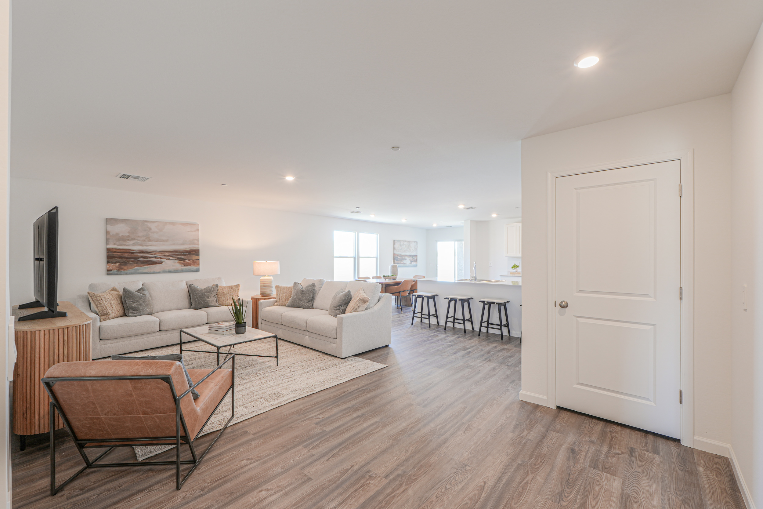 A living room with a large white door.