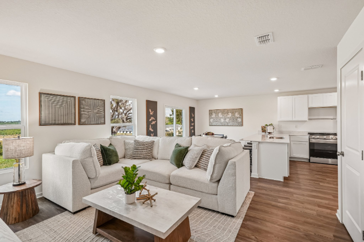 A living room with a white couch.