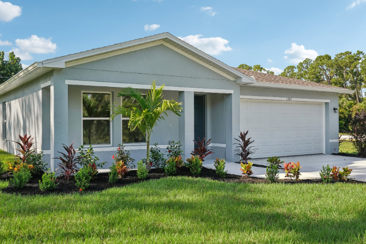 A house with a garage and plants.