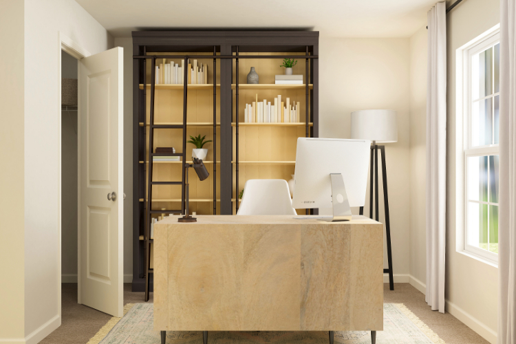A room with a table and shelves.
