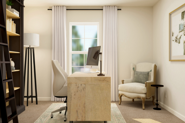 A room with a desk and chairs.