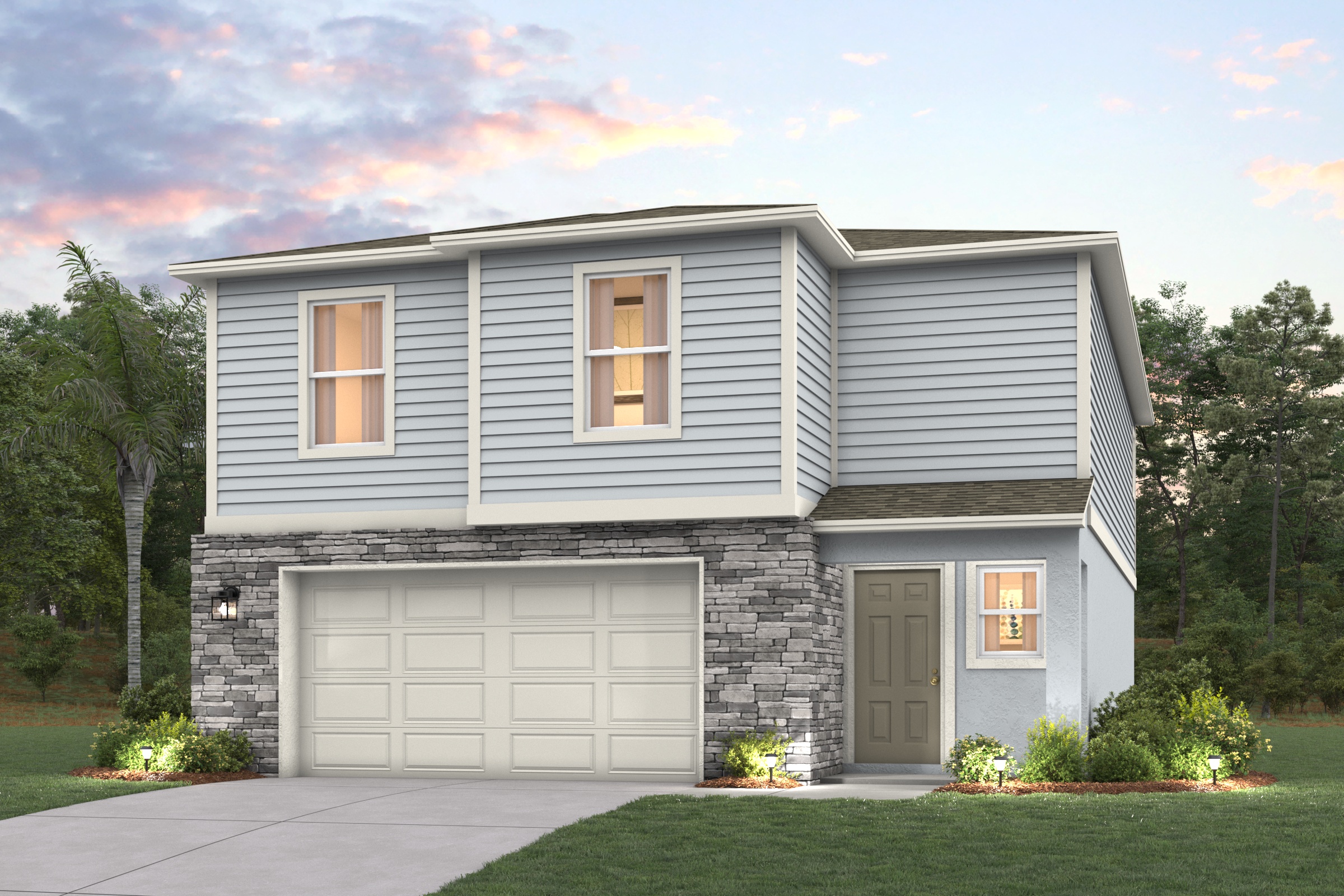 A house with garages and trees.