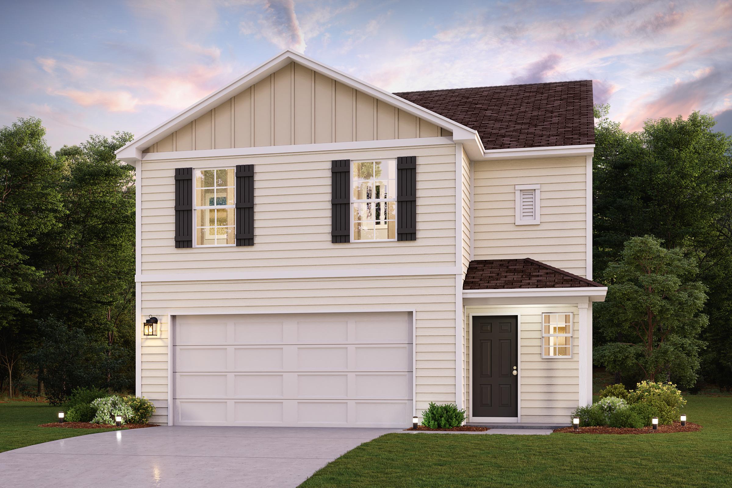 A white house with a garage.