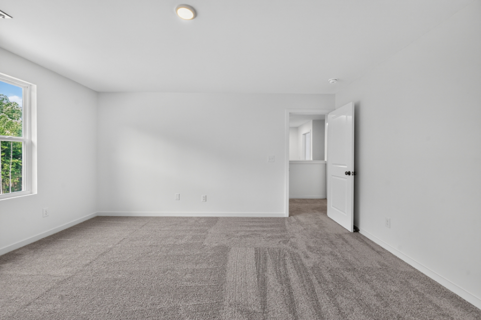 A room with a carpet and a door.