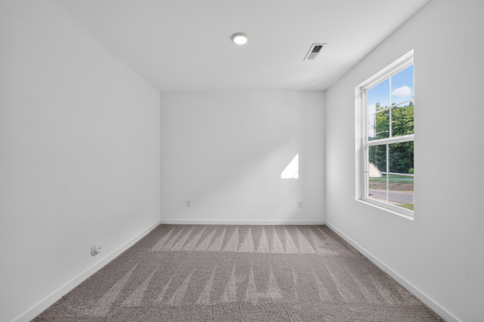 A room with a carpet and windows.
