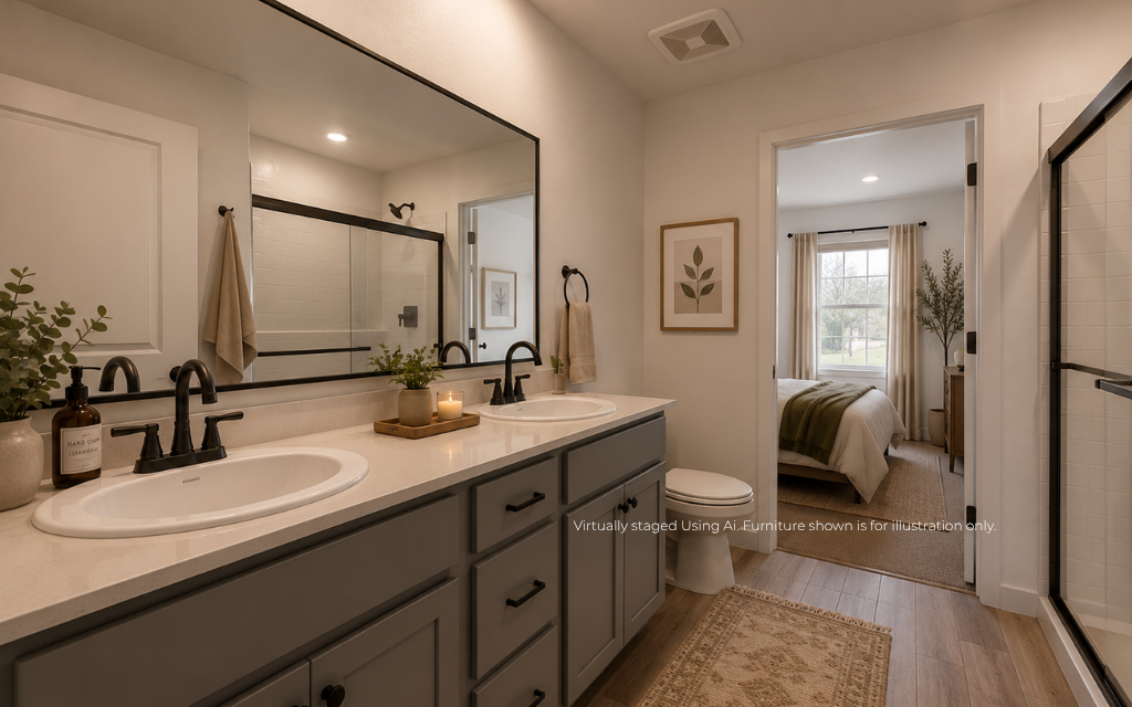 A bathroom with a large mirror.