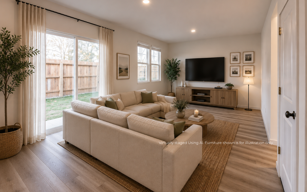 A living room with a large window.